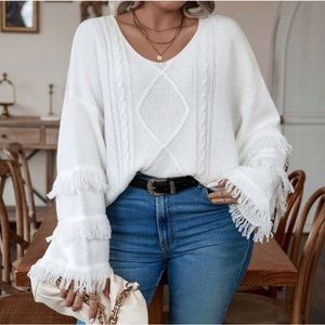 Fringe Sleeve White Sweater
